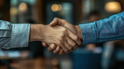 A close up of two people shaking hands in a business setting with a blurred background visible now
