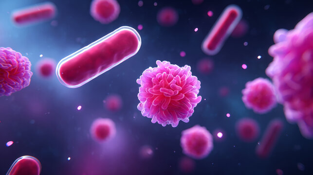 pink organic cells or microorganisms suspended in a fluid, showcasing biological structures and filaments