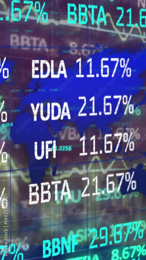 Wall mural animation of financial data processing and world map over dark background