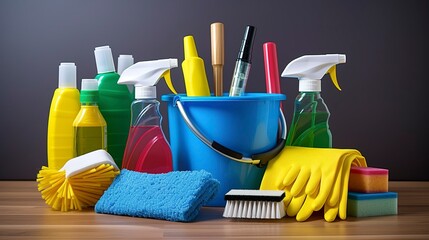 A photo of a set of neatly arranged commercial cleaning tools