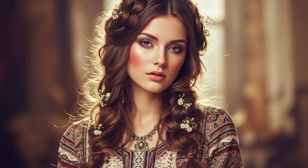 Fototapeta premium young woman with braids and flowers in her hair
