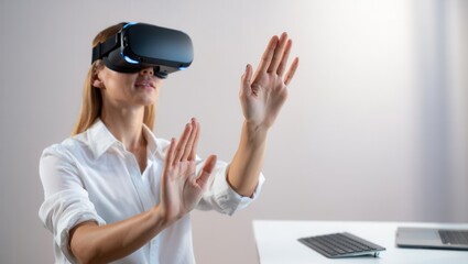 Woman using virtual reality headset while interacting with digital environment in modern office setting
