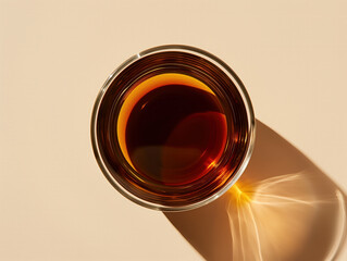Flat lay of glass cup filled with black tea surrounded by dry tea leaves