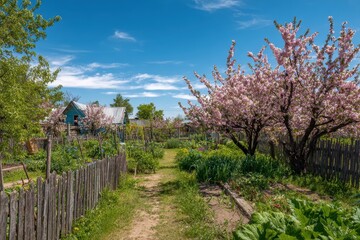 Apricot trees lining the village garden stunning summer scenery clear sunny day