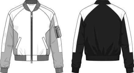 Cad drawing flat vector illustration, bomber jacket front and back view, technical fashion sketch, trendy outerwear design for apparel