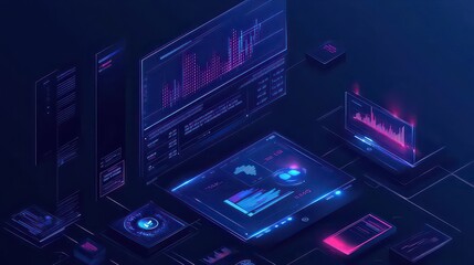 Obraz premium Isometric rendering of data dashboards with charts and graphs in a futuristic blue theme