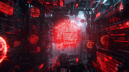 Cyberattack concept with binary virus code, glitch effects, and warning signs flashing in red and white