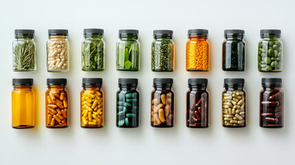 Variety of herbal supplements and vitamins displayed on a clean white surface for healthy living and wellness