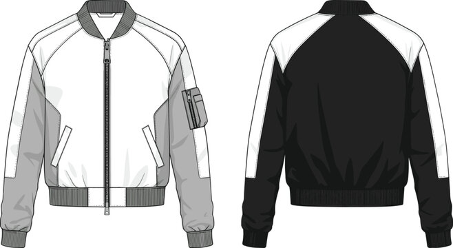 Cad drawing flat vector illustration, bomber jacket front and back view, technical fashion sketch, trendy outerwear design for apparel