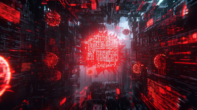 Cyberattack concept with binary virus code, glitch effects, and warning signs flashing in red and white