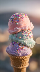 Pastel Perfection: A Tempting Trio of Scoops on a Waffle Cone in Sunlit Bliss