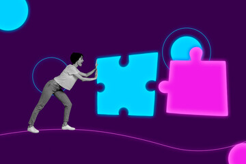 Sketch pop image sketch banner collage of happy businesswoman push puzzle element jigsaw aim achievement strategy element