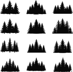 Obraz premium Collection of diverse black silhouette forest tree lines and natural landscape elements