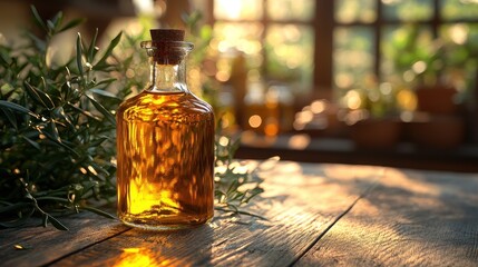 Golden oil bottle on wooden table, bathed in sunlight