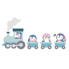 Penguin Cartoon Characters Riding a Train