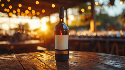 Elegant wine bottle with glasses at sunset in a cozy outdoor setting