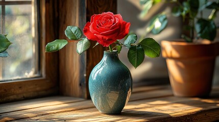 A vibrant red rose in a teal vase on a windowsill, bathed in sunlight
