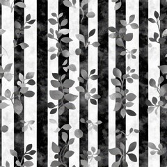 Botanical Stripe: A monochromatic tapestry of stylized botanical elements gracefully cascades across a background of bold black and white vertical stripes, presenting a striking visual contrast