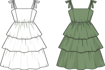 Elegant tiered summer dress fashion CAD drawing, stylish vector illustration of trendy outfit design, green and white clothing art