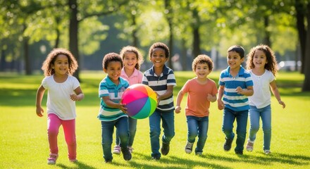 Diverse group of happy children running with colorful beach ball in sunny park. Outdoor play, friendship, and active lifestyle for kids. Summer camp activity concept.