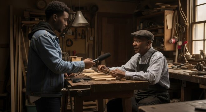 Two men in vintage workshop examining wooden project. Carpentry and craftsmanship scene. Historical reenactment or period film set. Traditional woodworking and apprenticeship concept.