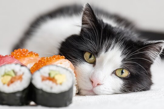 Humorous black and white cat beside sushi rolls Light backdrop Theme of feline patience and quality sushi assessment Image Close up shot