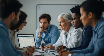 Diverse business team in meeting. Multigenerational professionals collaborating at office. Corporate teamwork, leadership, and inclusive workplace concept
