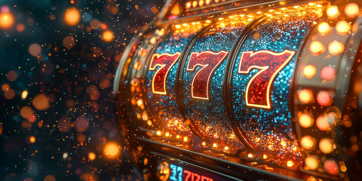 Stylized abstract slot machine with rainbow lights and golden 777 icons, futuristic casino banner