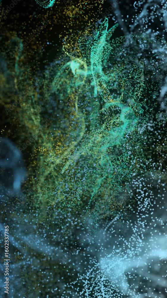 Poster animation of multicolored dots forming dynamic wave patterns against black background