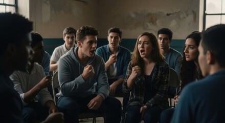 Group of diverse teenagers in casual clothing engaged in intense discussion during support meeting. Youth counseling session in school setting. Mental health concept.