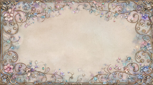 border of pastel watercolor vines and florals framing soft parchment background