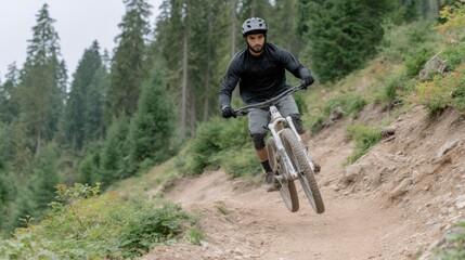 Man riding mountain bike on forest trail. Extreme sport and outdoor adventure. Downhill cycling in nature. Active lifestyle and adrenaline rush concept.