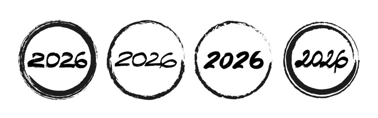 Graphic 2026 icon set in black ink style with abstract round border. Great for branding, minimalistic templates, monochrome New Year decor, and design kits