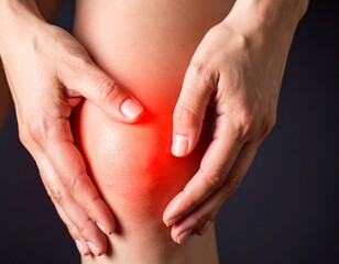 Hands Cupping Inflamed Knee, Highlighting Pain and Injury, Close-Up View.