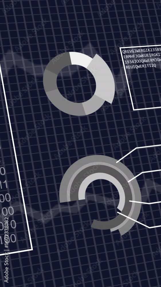 Poster animation of interface with binary coding and statistical data processing against blue background