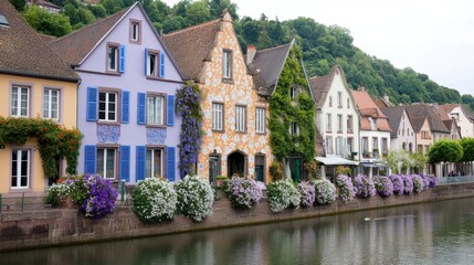 Obraz premium Colorful Houses by the River: A row of charming, vibrantly colored houses lines a tranquil river, creating a picturesque scene with blooming flowers and scenic landscape views.