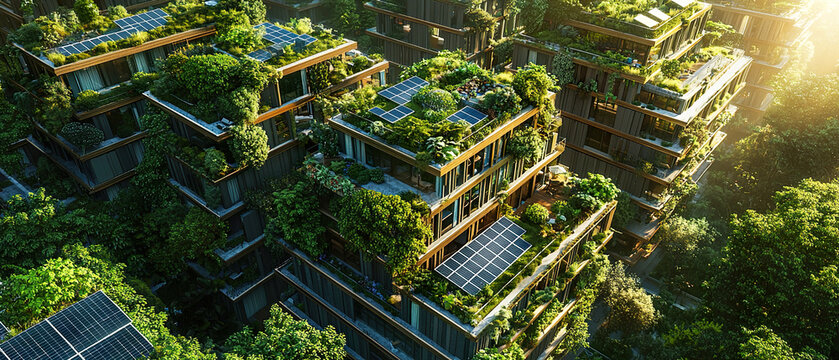 Aerial view of modern buildings with green roofs and solar panels surrounded by trees in bright sunlight. Sustainable urban living and eco-friendly energy concept.