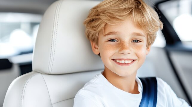 Joyful Passenger: A bright-eyed, smiling child secured safely in a car seat, embodying innocence and happiness, radiating a sense of freedom and adventure.