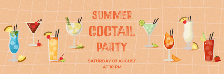 Stylish summer cocktail event banner featuring fruity drinks with pineapple, cherry and citrus accents. Warm peach backdrop perfect for festive invitations or seasonal sales