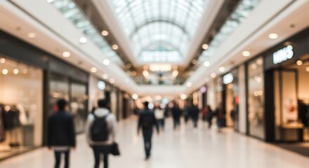A blurred view captures people walking through a brightly lit shopping mall