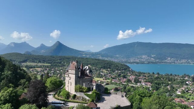 Aerial view of Menthon Saint Bernard  romantic fairytale castle near Lake Annecy in France inspired Sleeping Beauty castle