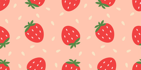 Cute seamless pattern featuring juicy strawberries and tiny scattered seeds on a pastel background. Great for wrapping paper, kids goods, kitchen textiles, and summer projects