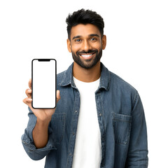 Smiling Indian man holding up a blank smartphone screen in his hand and  casual pose and  studio-lit portrait and  isolated white background Batch  realistic clean bright simple modern stock image iso