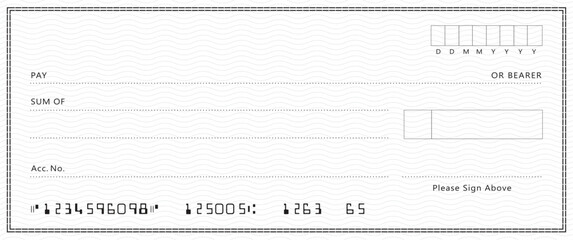 Bank check, vector blank money cheque, checkbook template with guilloche pattern and fields. Currency payment coupon, money check background