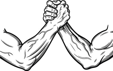 Illustration of two muscular arms engaged in arm wrestling with visible veins and detailed hands grip 100