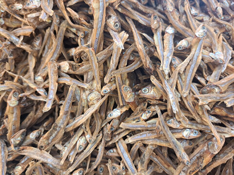 A detailed shot of numerous dried anchovies stacked together, showcasing texture and natural detail, captured in a market setting. Perfect for food, culinary, or traditional market-related purposes.
