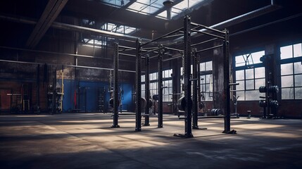A photo of an empty CrossFit gym with pull-up bars.