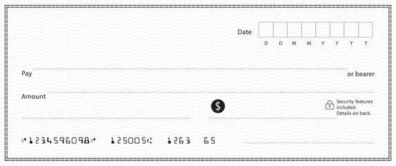 Bank check, vector blank money cheque, checkbook template with guilloche pattern and fields. Currency payment coupon, money check background