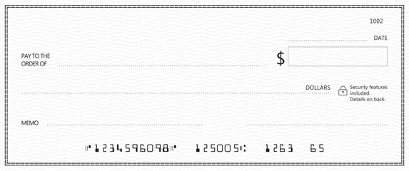 Bank check, vector blank money cheque, checkbook template with guilloche pattern and fields. Currency payment coupon, money check background