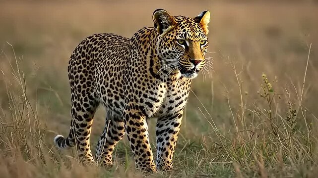 Majestic leopard prowling through golden grasslands under a clear blue sky in the wilderness